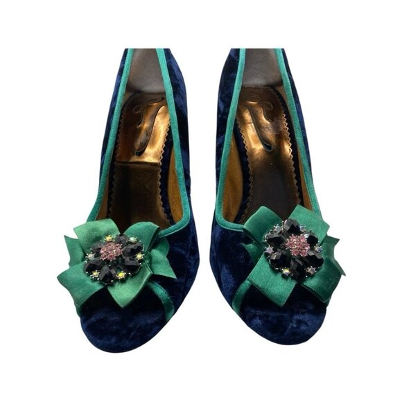 Poetic License Heels Shoes Crushed Velvet Blue Peep Toe Brooch Dazzling Size 10 - Picture 9 of 10